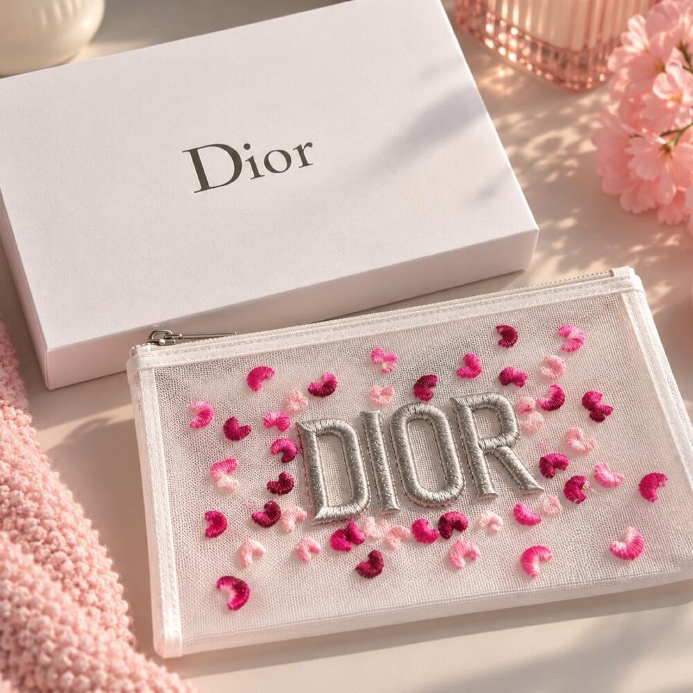 Dior white mesh cosmetic pouch